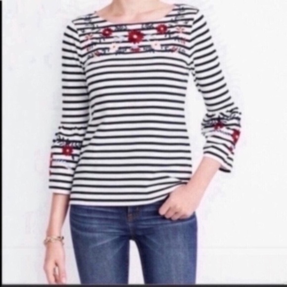 J. Crew Tops - J.Crew Striped Embroidered Bell Sleeve Top XS Blue White Cotton